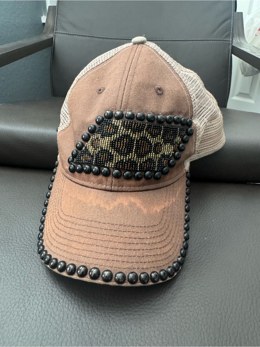 Y2k Demonia Brown Mesh Baseball Cap with Leopard Bead Patch and Black Studs